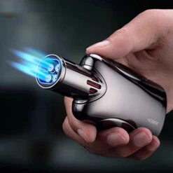 Jobon Quadruple Flame Large Gift Jet Lighter Gun Grey -Glass Smoke Store gla36A jobon quadruple flames jet lighter gun grey hand 1