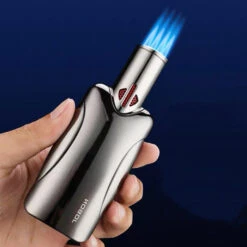 Jobon Quadruple Flame Large Gift Jet Lighter Gun Grey -Glass Smoke Store gla36A jobon quadruple flames jet lighter gun grey hand2
