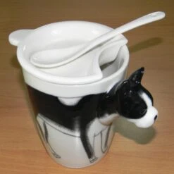 Hand Paint 3D Coffee Tea Mug Border Collie Dog With Lid Spoon