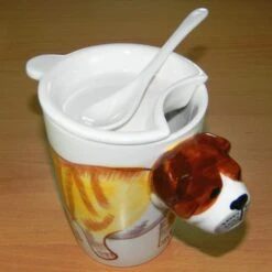 Hand Paint 3D Coffee Tea Mug Bulldog With Lid Spoon