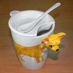 Hand Paint 3D Coffee Tea Mug Chihuahua Dog With Lid Spoon