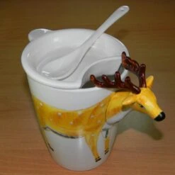 Hand Paint 3D Coffee Tea Mug Deer With Lid Spoon
